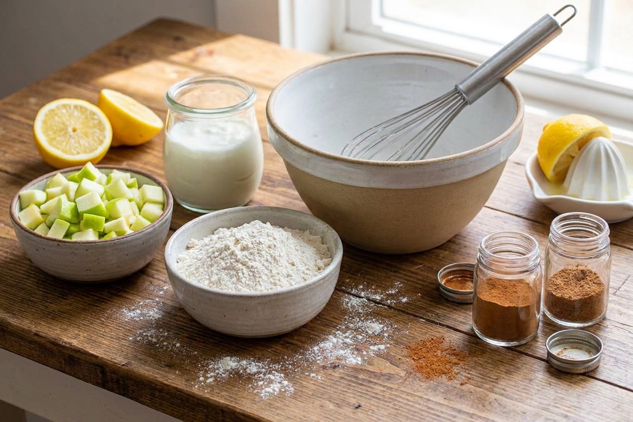 Measured ingredients for baked apple fritters arranged on a kitchen counter, including diced apples, flour, yogurt, lemon, spices, and a mixing bowl