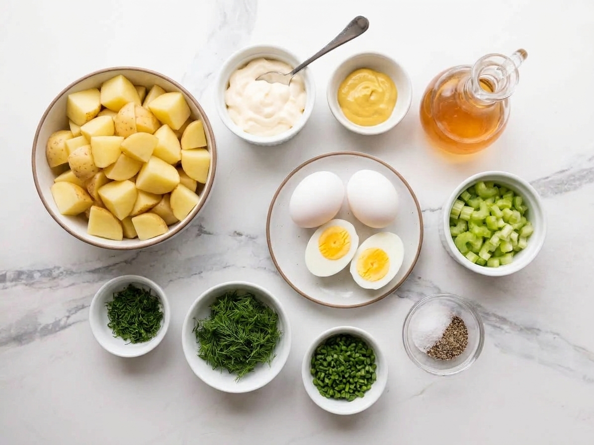 Measured ingredients for potato salad including Yukon Gold potatoes, mayonnaise, mustard, vinegar, celery, eggs, and herbs arranged on a kitchen counter