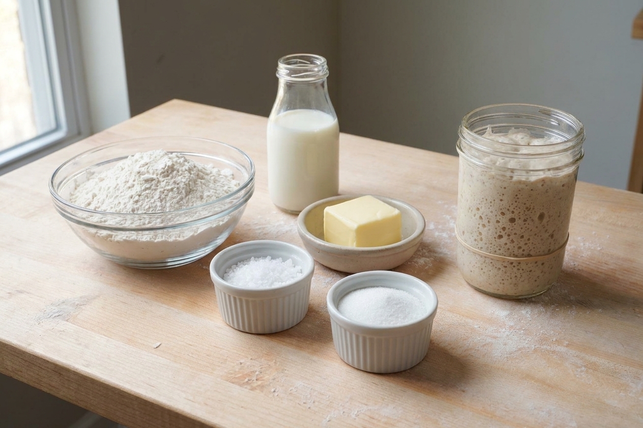 Measured ingredients for sourdough sandwich bread including flour, milk, butter, salt, and sugar arranged on a kitchen counter