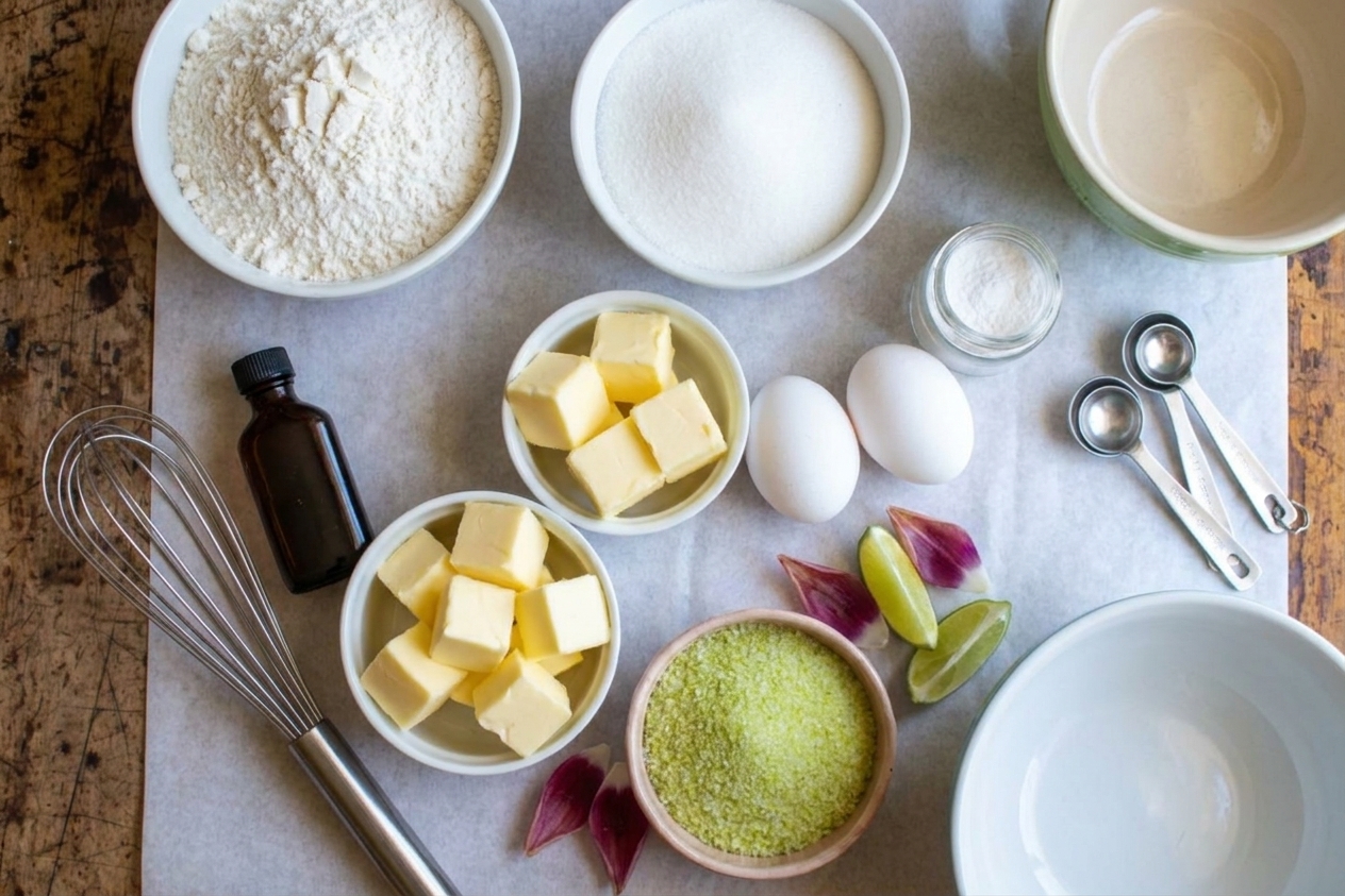 Measured ingredients for sugar cookies on a kitchen counter, including flour, sugar, butter, eggs, vanilla, baking powder, and a small bowl of chile-lime sugar