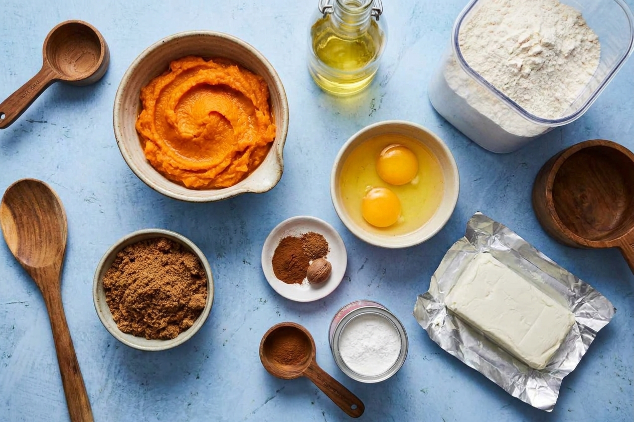 Measured ingredients for sweet potato cake on a kitchen counter, including sweet potato puree, flour, brown sugar, eggs, oil, spices, baking powder, and cream cheese.