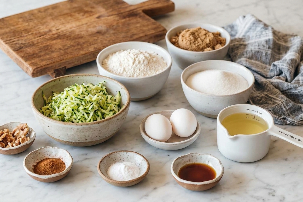 Measured ingredients for zucchini bread on a kitchen counter including grated zucchini in a bowl, flour, sugar, eggs, oil, cinnamon, baking soda, and vanilla