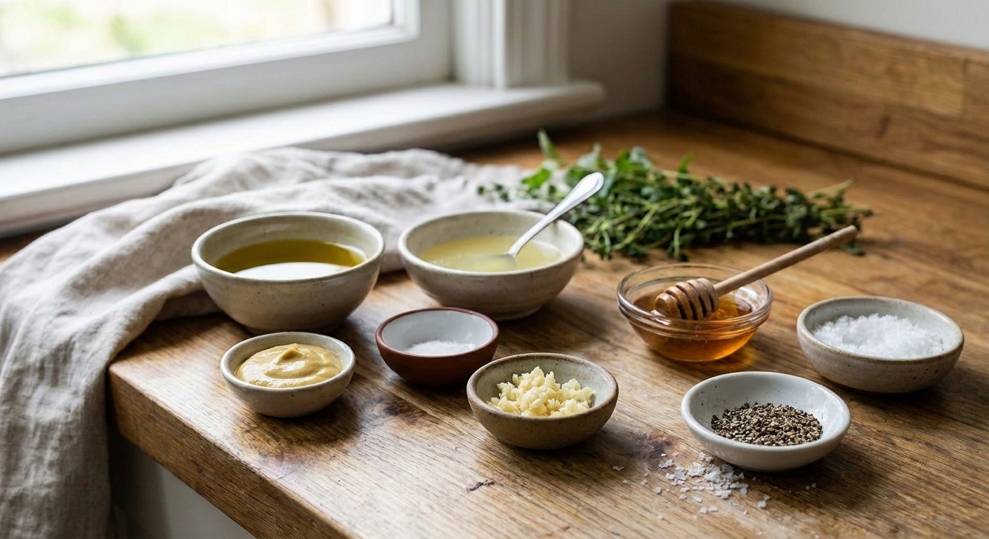 Measured olive oil, lemon juice, Dijon mustard, honey, garlic, salt, and pepper arranged in small bowls on a light kitchen counter
