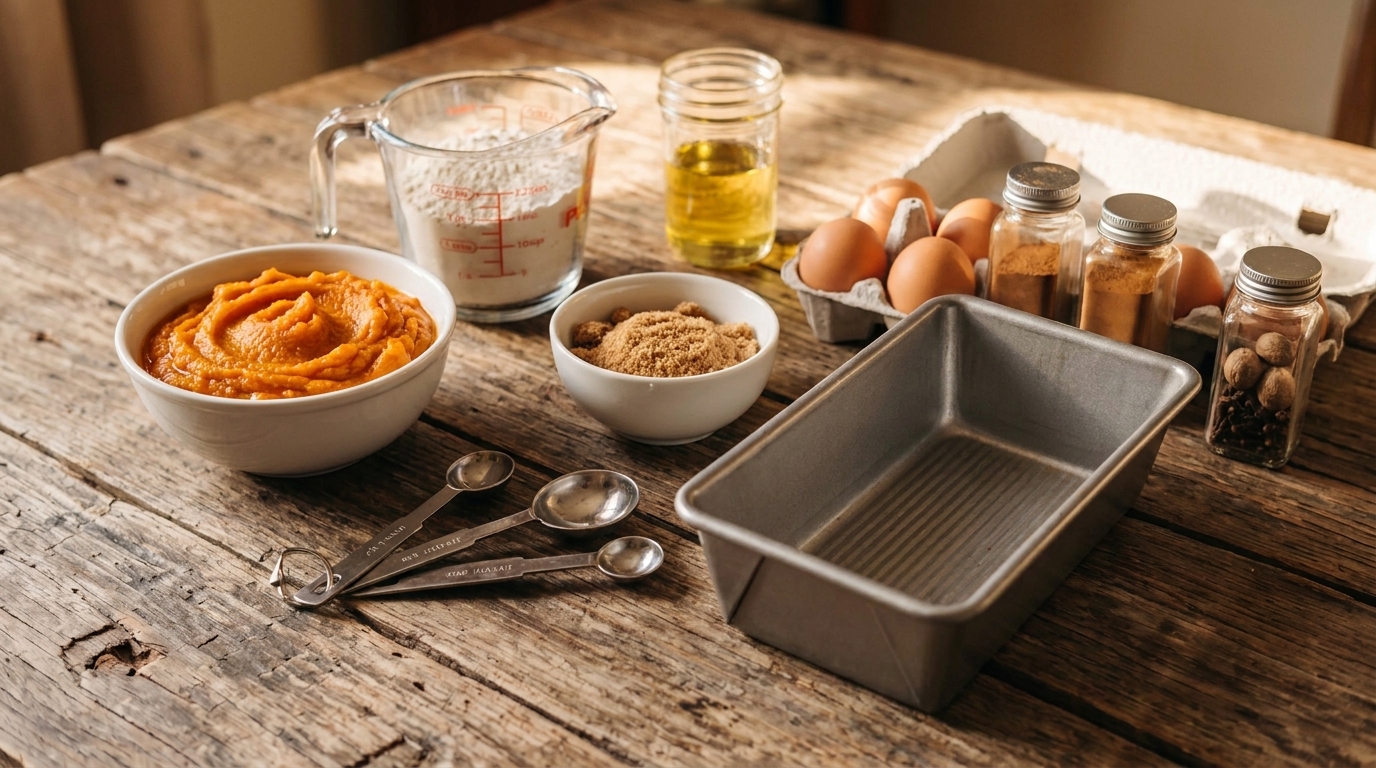 Measured pumpkin bread ingredients on a kitchen counter including pumpkin puree, flour, eggs, oil, brown sugar, spices, and a loaf pan