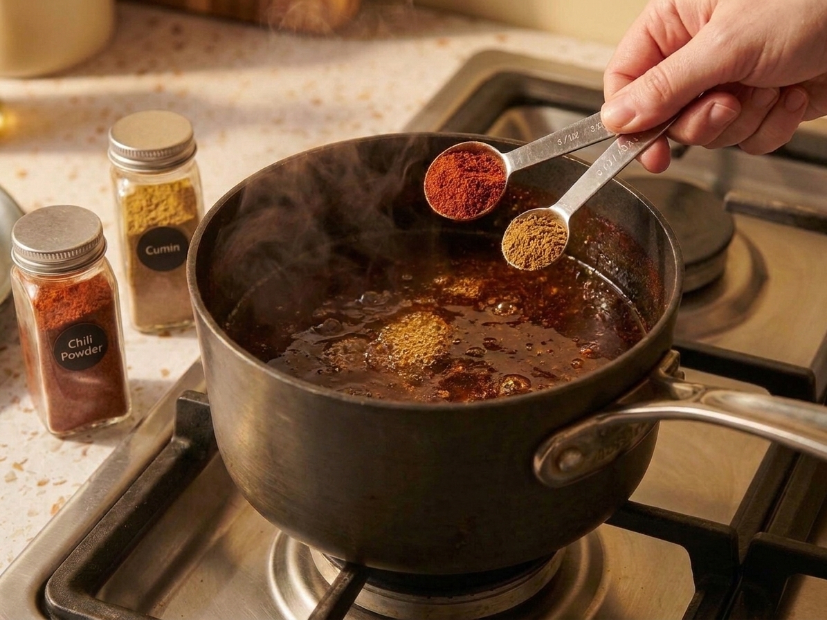 Measuring spoons of chili powder and cumin being added to hot oil in a saucepan
