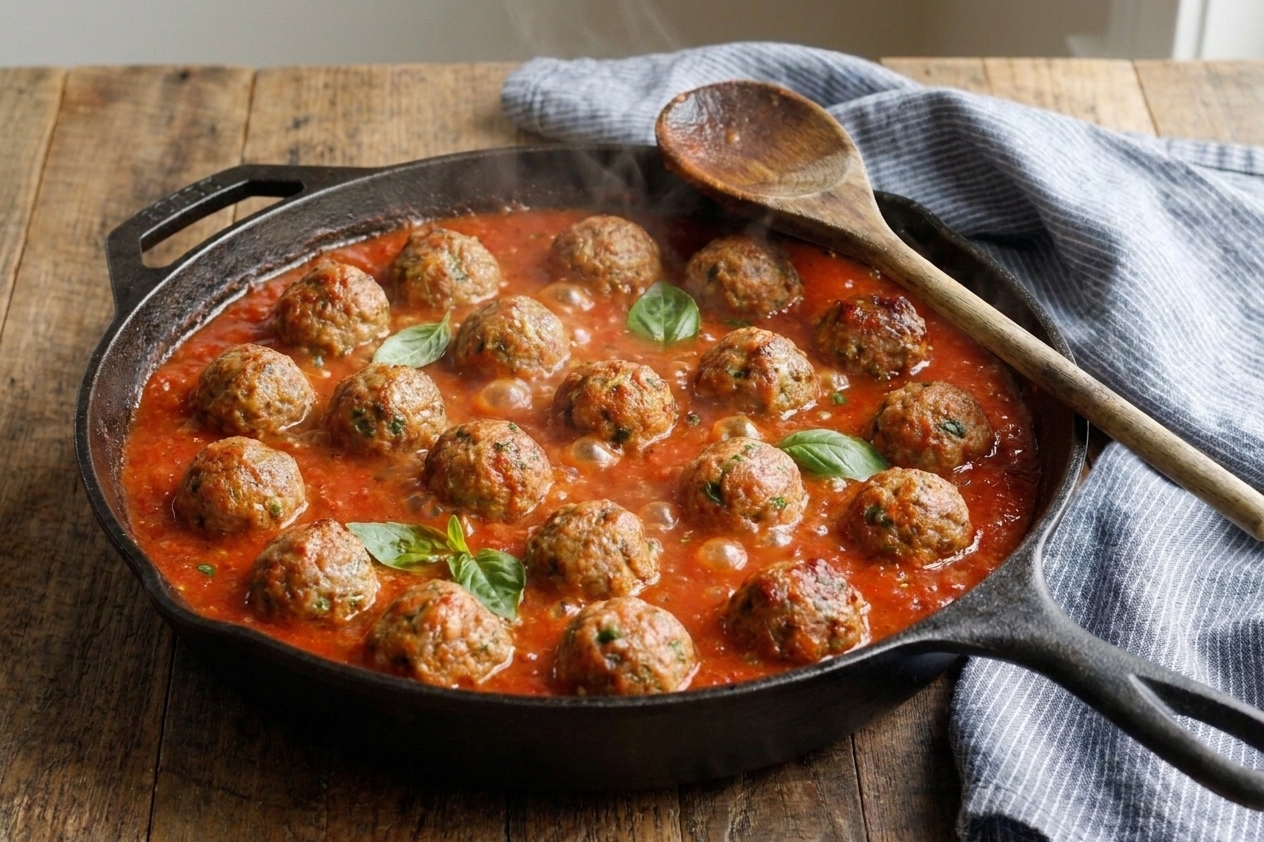 Meatballs gently simmering in a skillet of marinara sauce with a wooden spoon resting on the edge