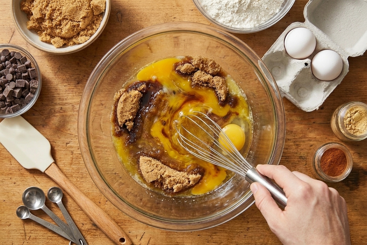 Melted butter, sugars, eggs, and vanilla being whisked together in a glass mixing bowl on a kitchen counter