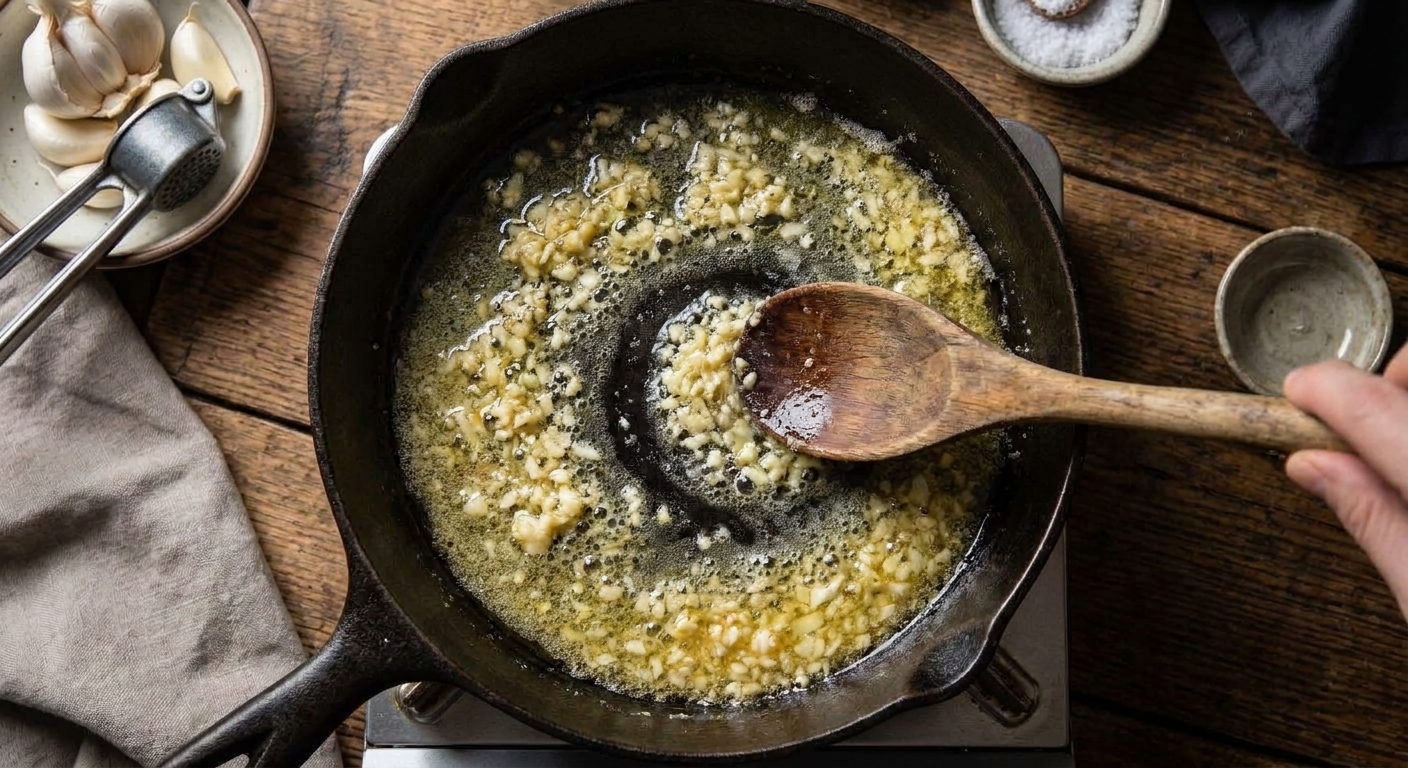 Minced garlic gently sizzling in melted butter in a skillet on a stovetop, with a wooden spoon stirring