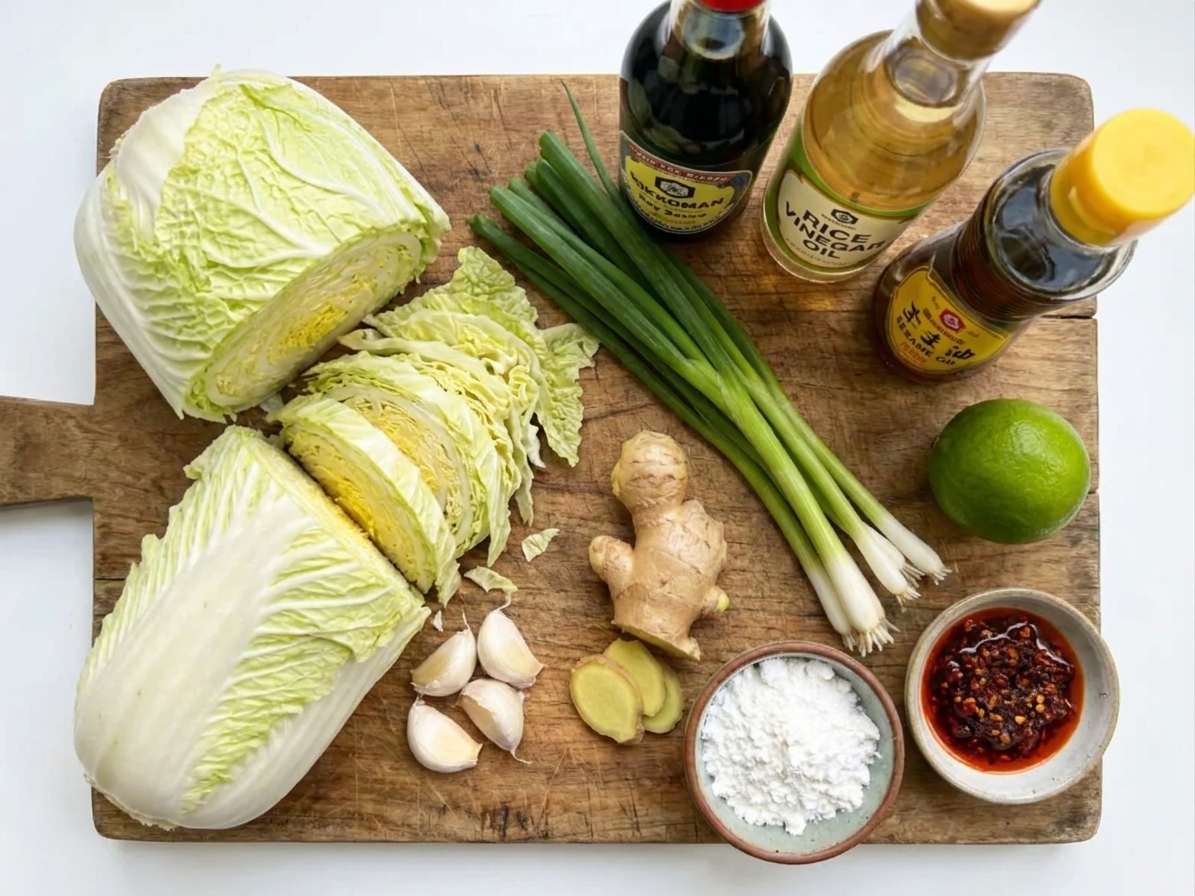 Napa cabbage, garlic, fresh ginger, scallions, soy sauce, rice vinegar, lime, sesame oil, cornstarch, and a small bowl of chili crisp arranged on a wooden cutting board