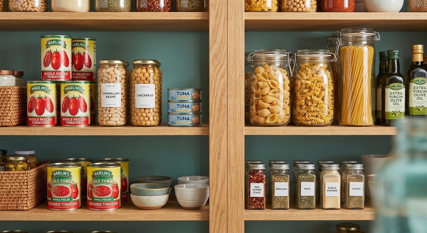 Open pantry shelves stocked with canned tomatoes, beans, tuna, dried pasta, olive oil, and spices