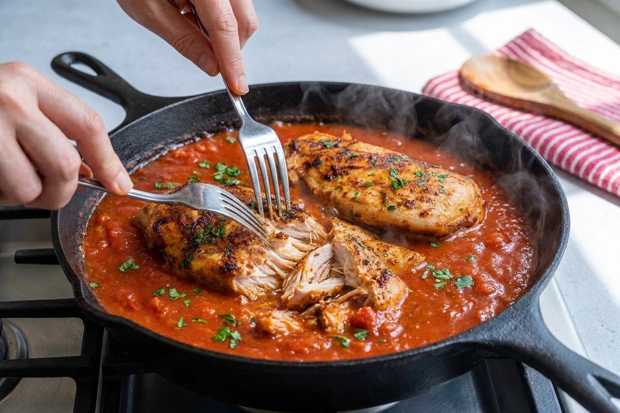 Overcooked chicken breast being shredded with two forks in a skillet with simmering tomato sauce