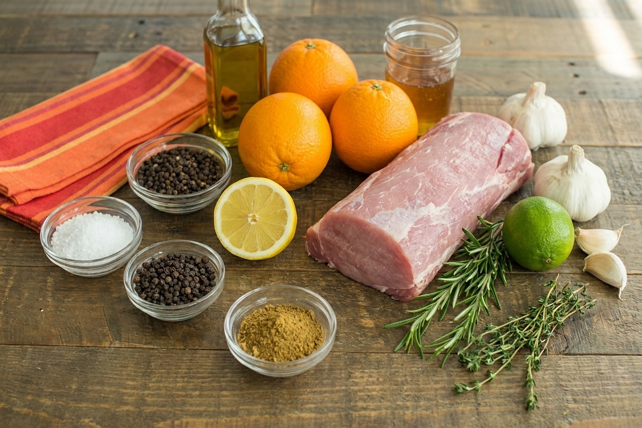 Overhead view of ingredients on a kitchen counter: pork loin roast, oranges, lemon, lime, garlic, olive oil, honey, salt, pepper, cumin, and fresh herbs