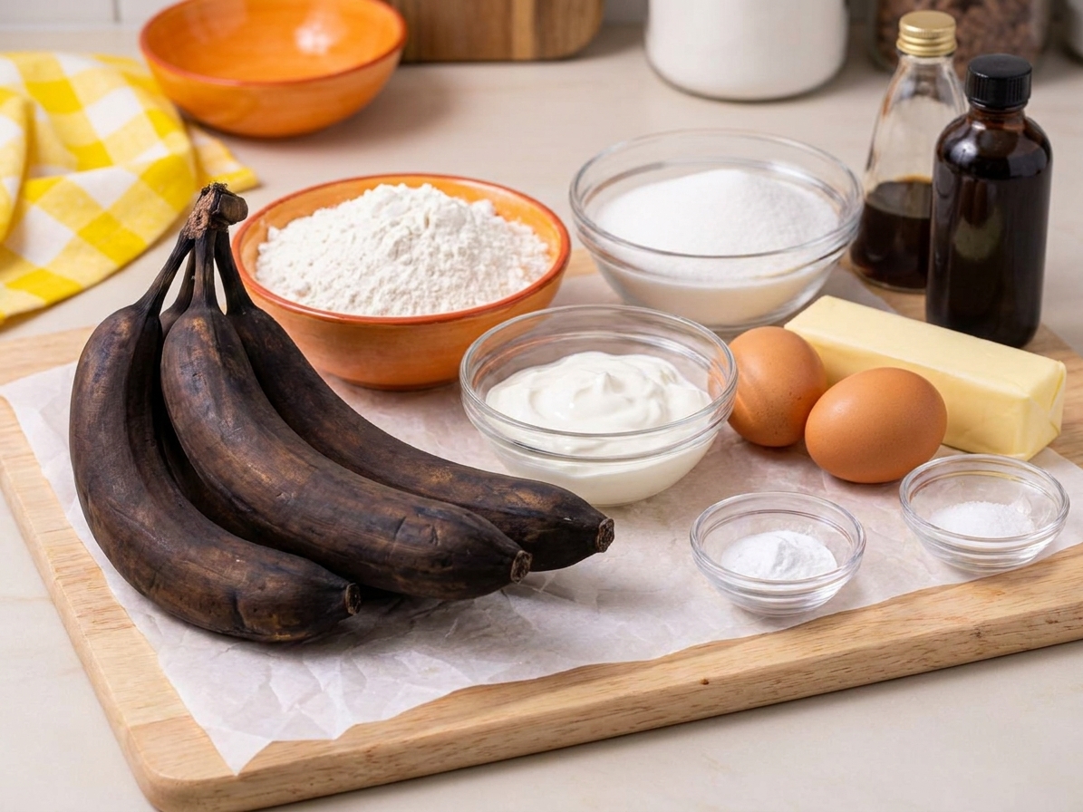 Overripe bananas, flour, sugar, eggs, butter, baking soda, salt, vanilla, and sour cream arranged on a clean kitchen counter