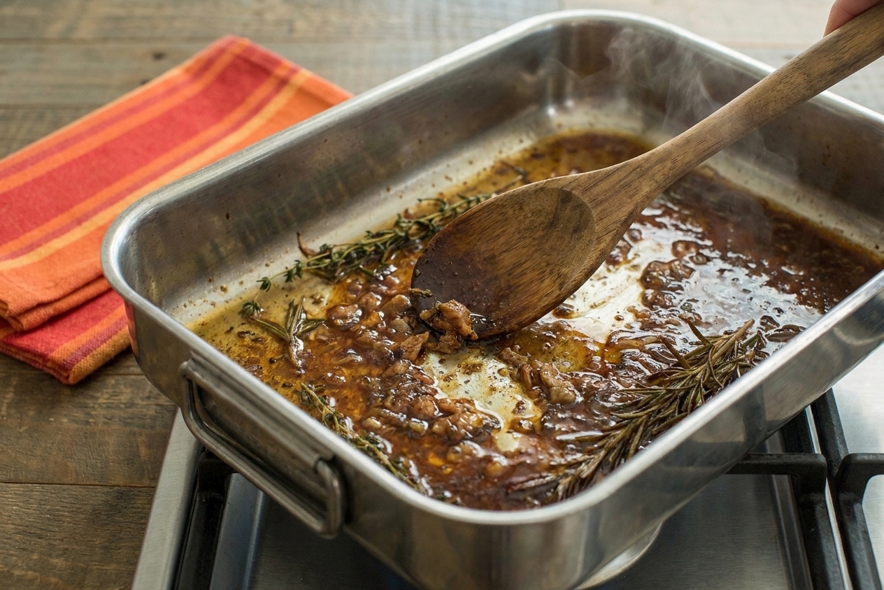 Pan drippings and stock simmering into a glossy sauce as a wooden spoon scrapes up browned bits