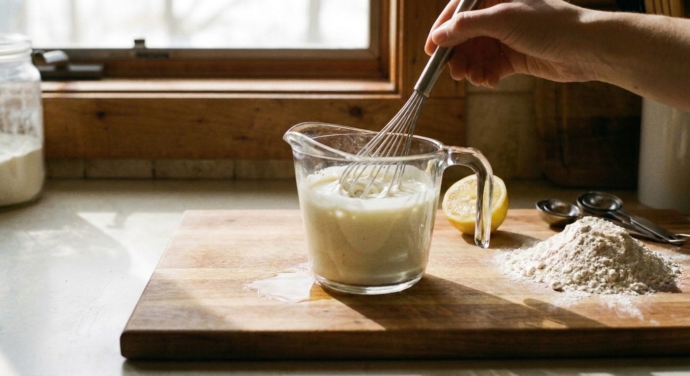 Pancake batter being whisked until smooth in a mixing bowl on a home kitchen counter