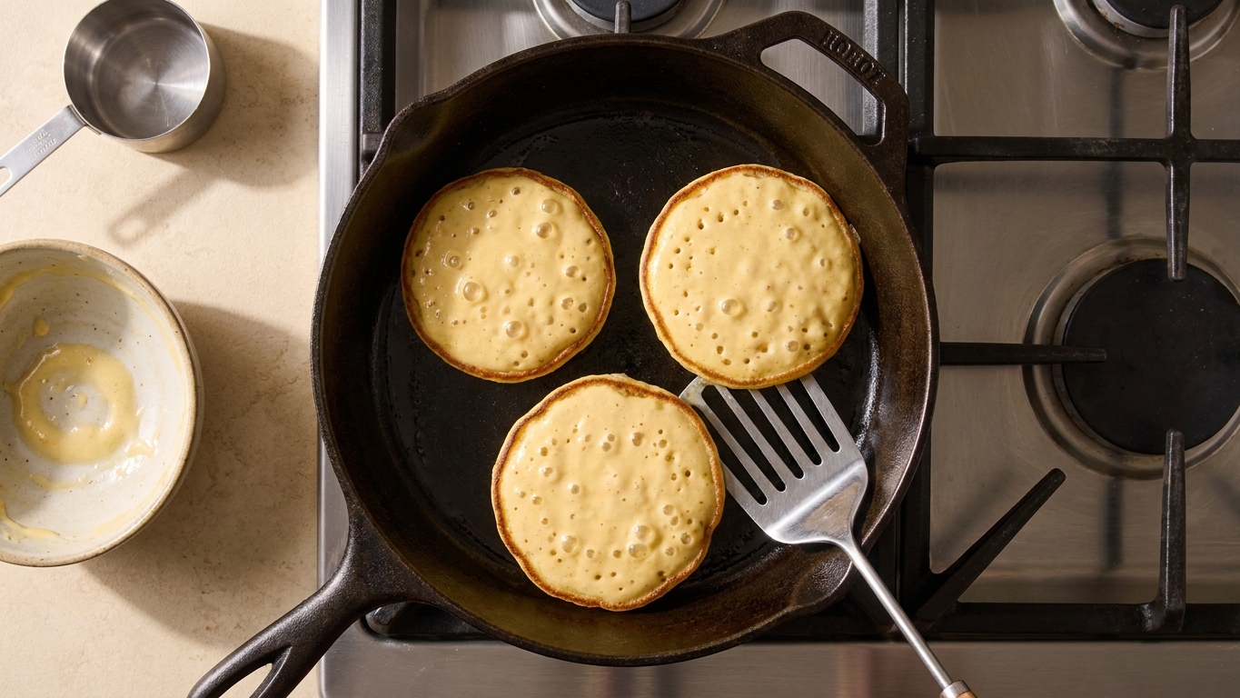 Pancake batter rounds cooking in a skillet with bubbles rising on the surface and edges beginning to set before flipping