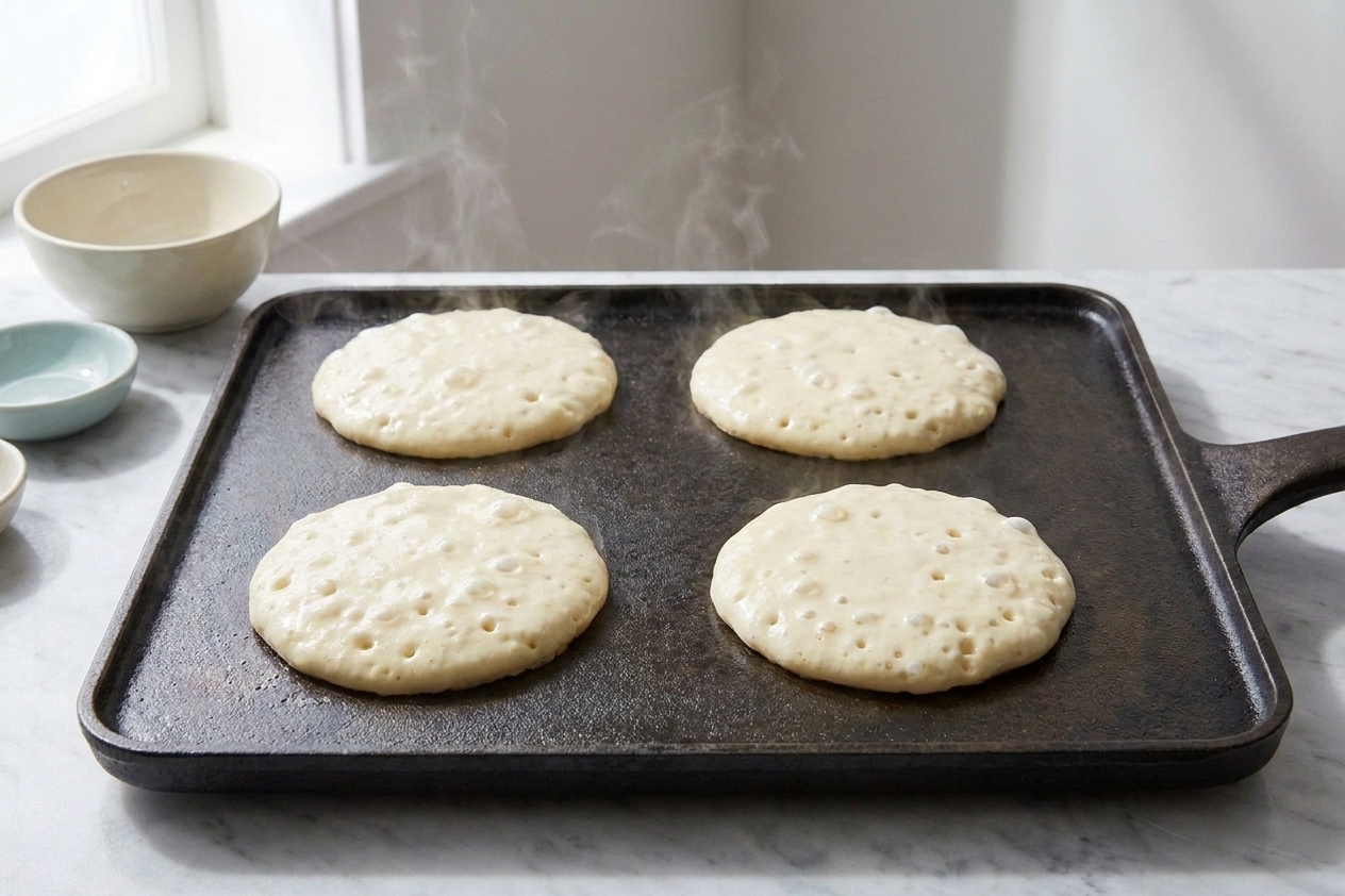 Pancake batter rounds cooking on a griddle with bubbles forming on top and edges beginning to set