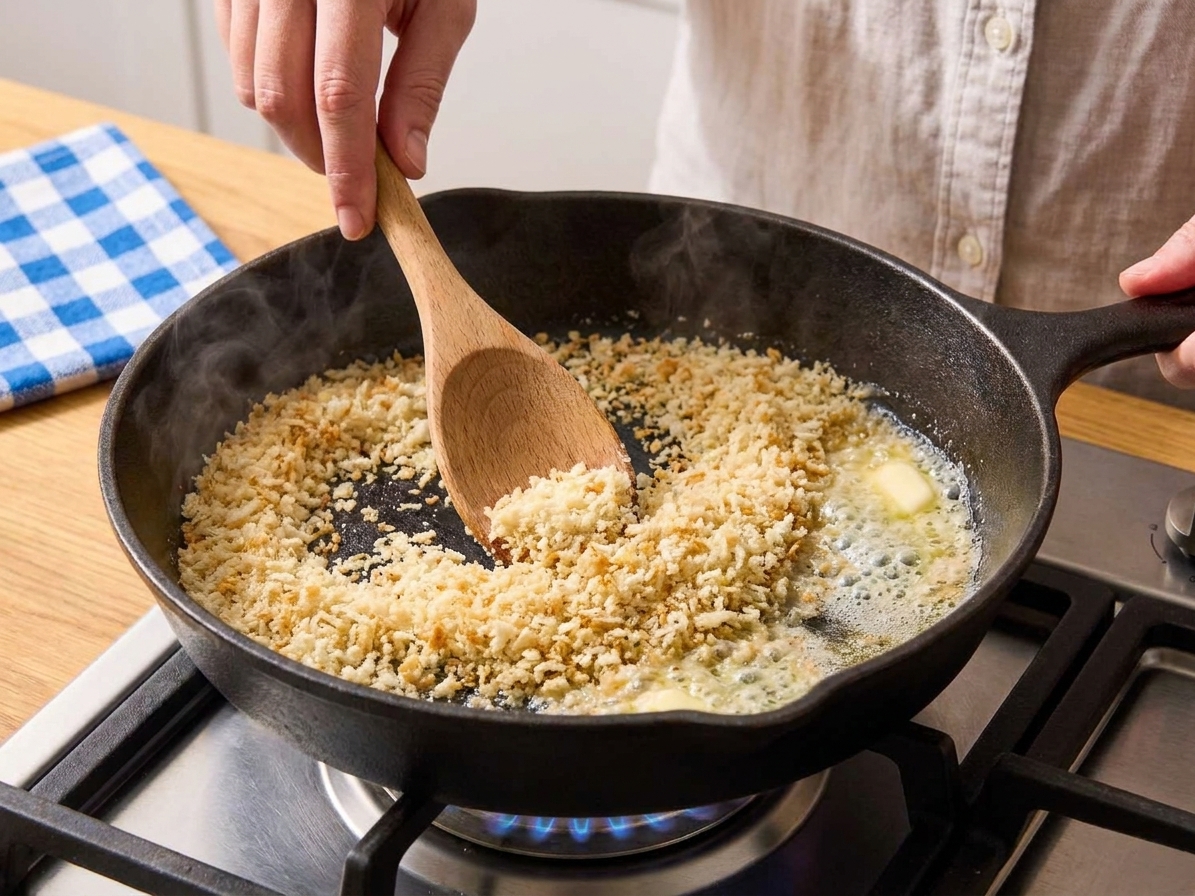 Panko breadcrumbs being stirred in a skillet with melted butter until lightly golden on a stovetop