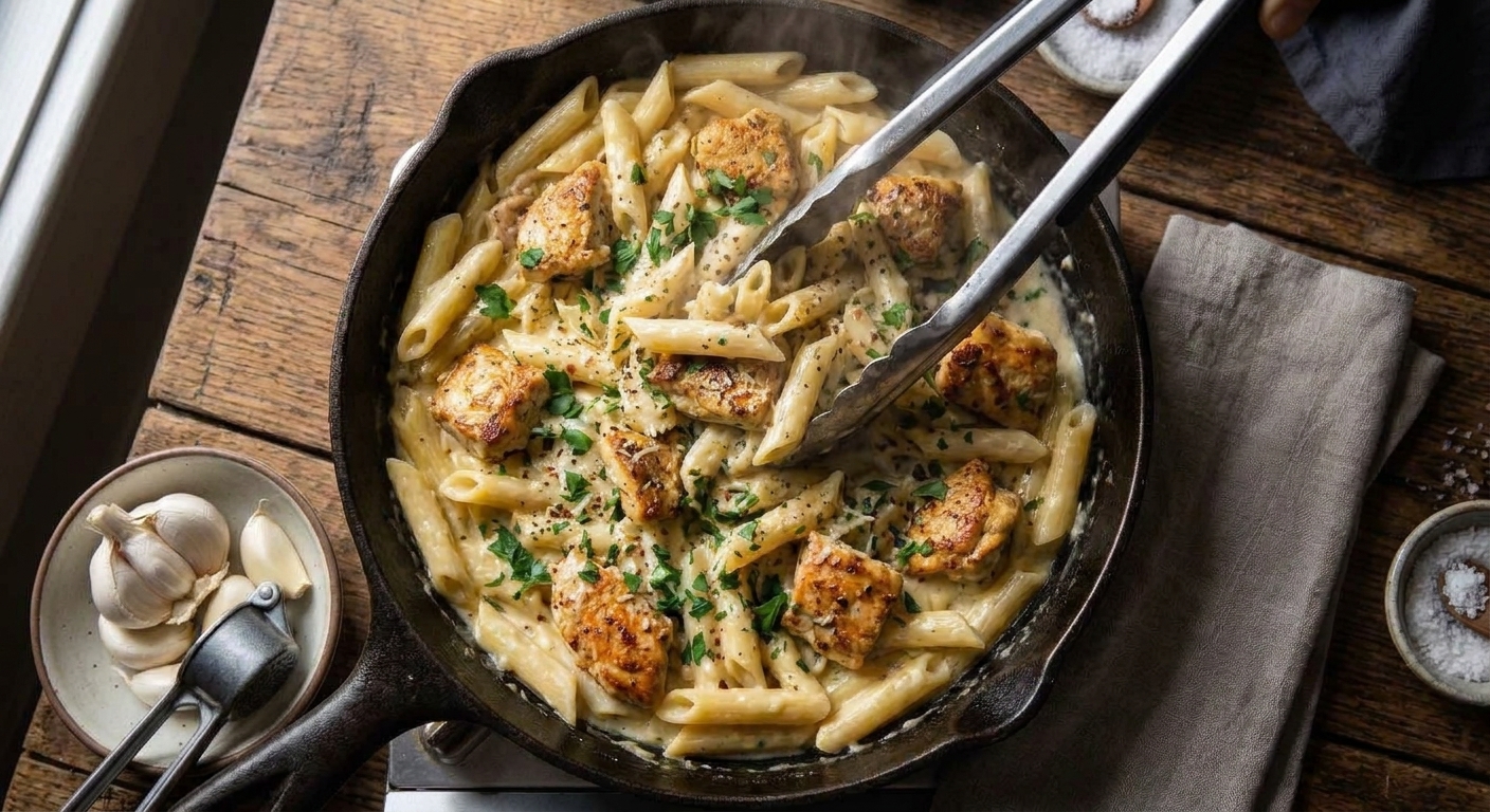 Pasta being tossed in a skillet with tongs as the sauce turns glossy and creamy