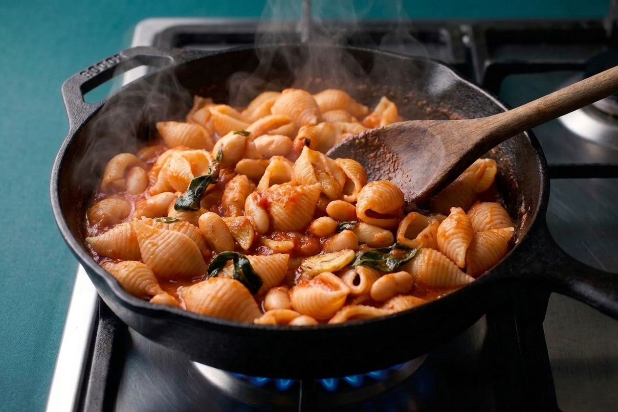Pasta in a skillet on the stove being stirred with a wooden spoon, with steam rising