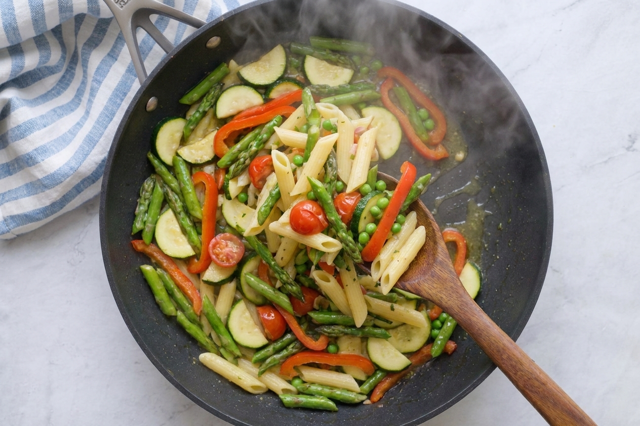 Pasta primavera being tossed in a wide pan until glossy, with colorful vegetables distributed throughout and steam rising