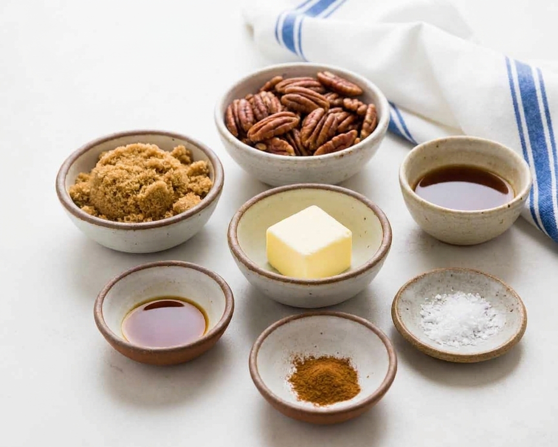 Pecans, brown sugar, butter, vanilla extract, cinnamon, and flaky salt arranged in small bowls on a kitchen counter