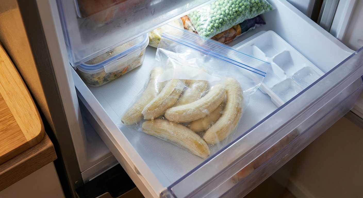Peeled bananas in a resealable bag inside a freezer drawer
