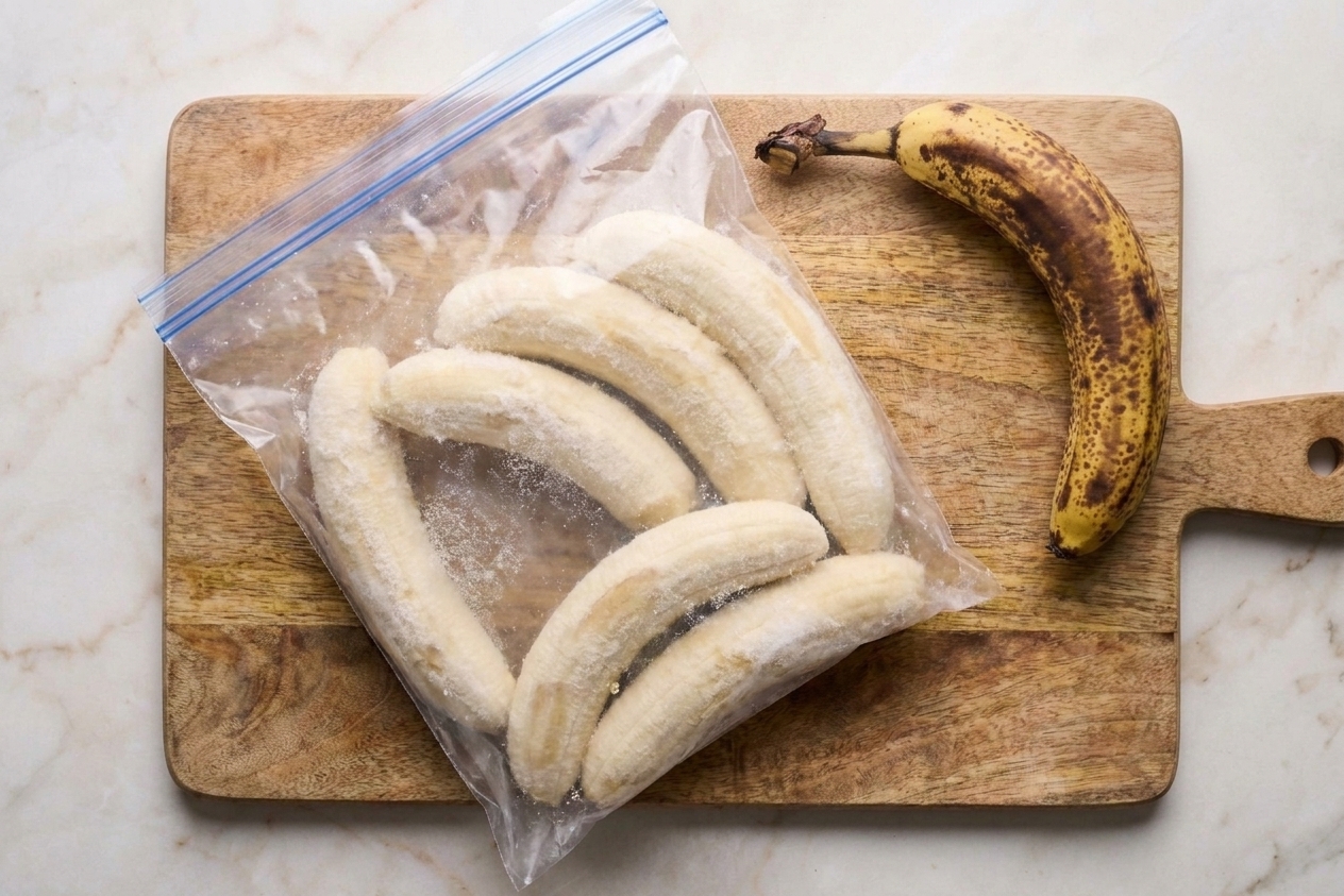 Peeled bananas sealed in a zip-top bag and frozen, ready to thaw for baking