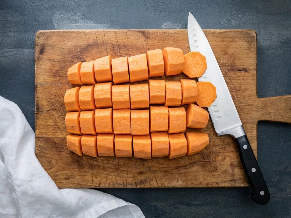 Peeled orange-fleshed sweet potatoes on a cutting board, cut into uniform 1-inch chunks with a chef's knife nearby