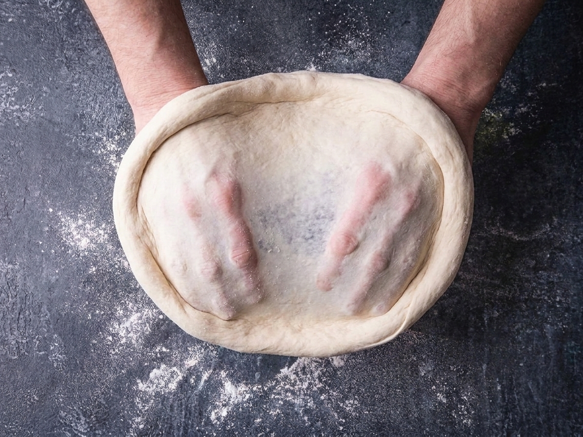 Pizza dough being stretched over knuckles above a floured countertop, with the rim slightly thicker than the center
