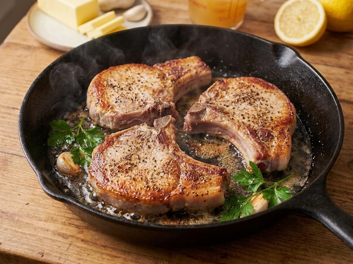 Pork chops browning in a hot skillet with visible golden crust forming on the edges