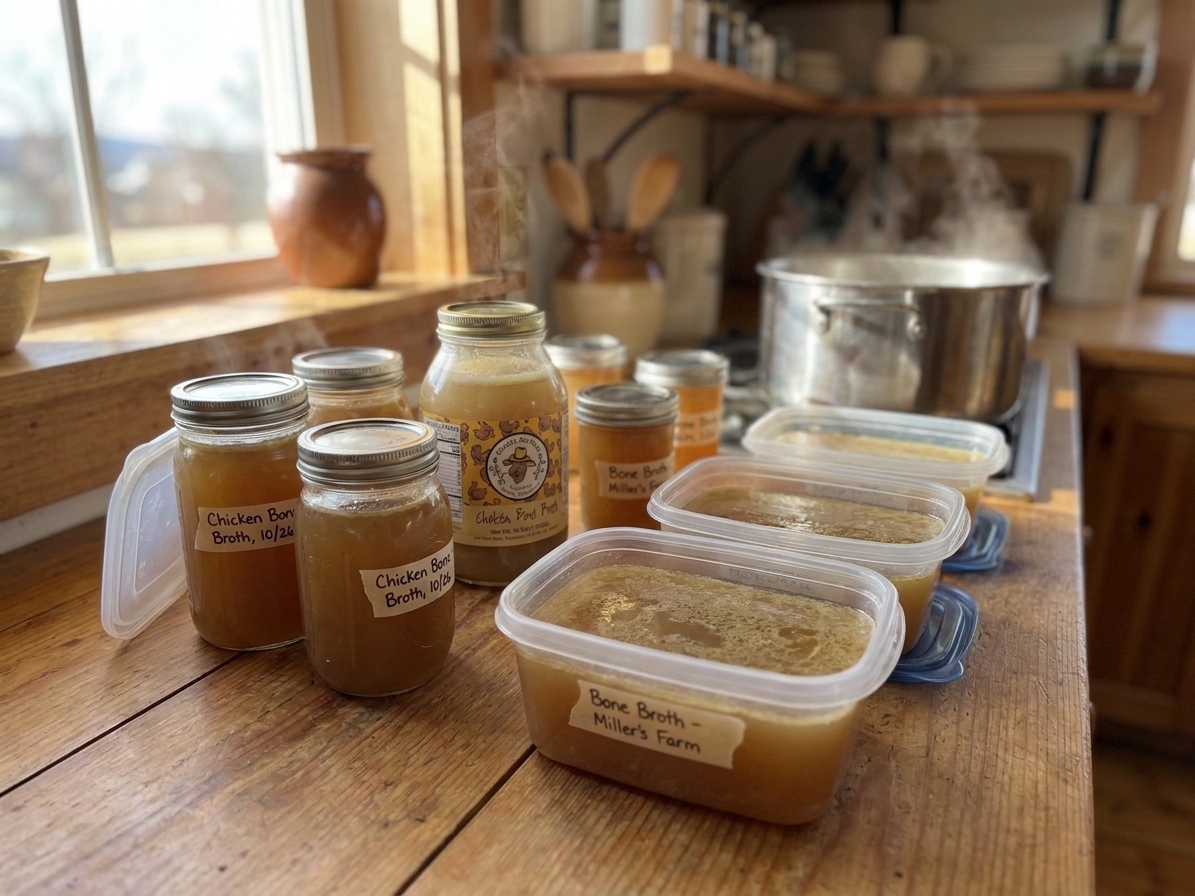 Portioned chicken bone broth in labeled freezer-safe containers cooling on a kitchen counter
