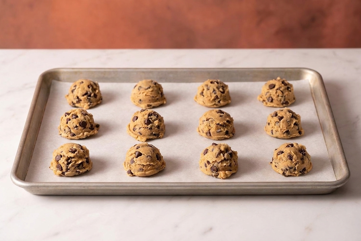 Portioned chocolate chip cookie dough balls spaced on a parchment-lined baking sheet before baking