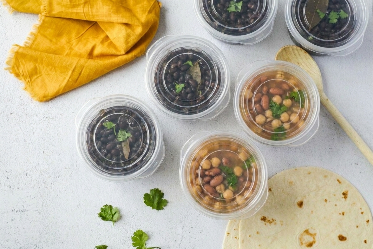 Portioned cooked beans in small freezer containers with lids on a kitchen counter