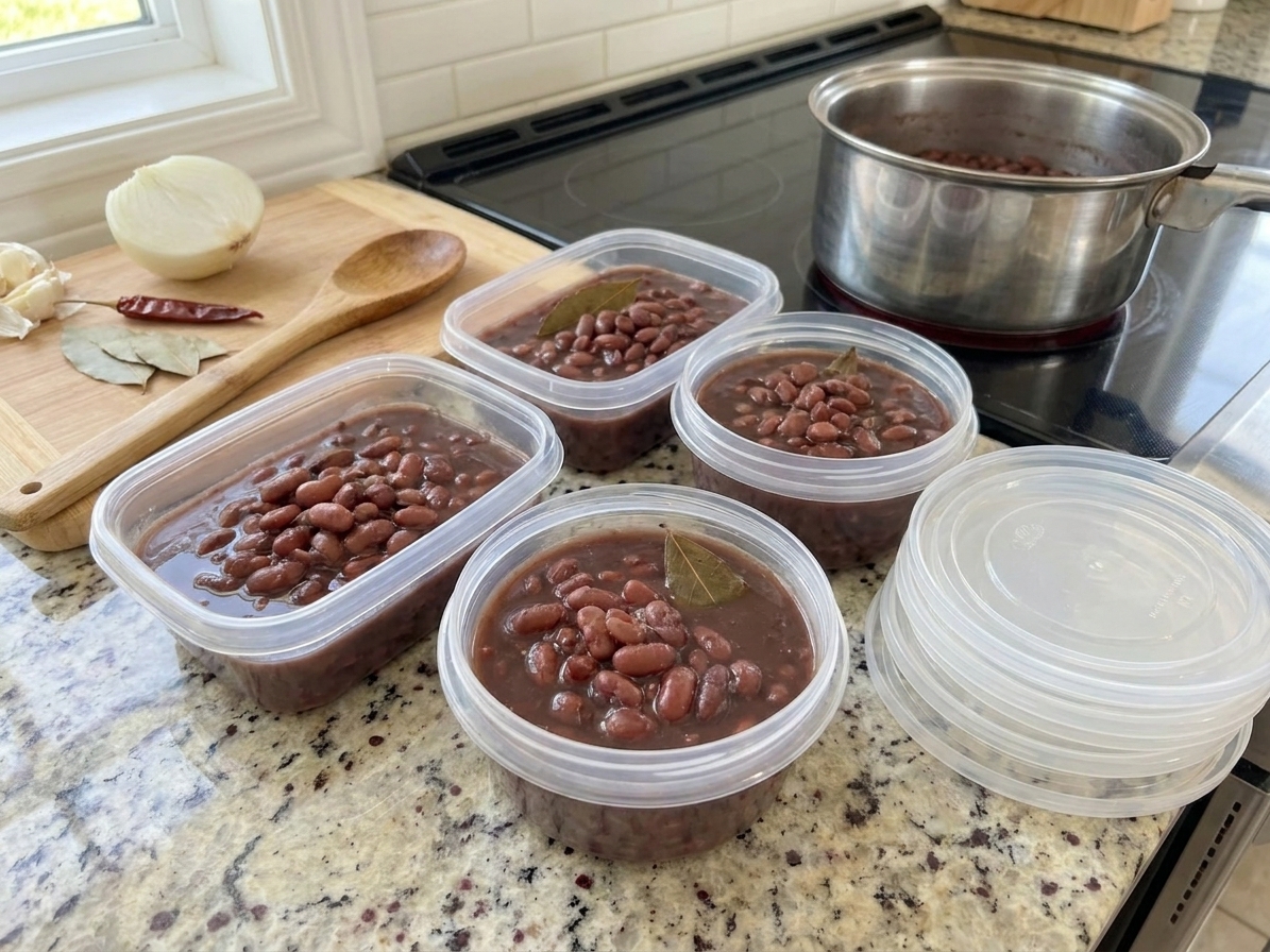 Portioned cooked beans with broth in clear freezer-safe containers on a kitchen counter with lids nearby