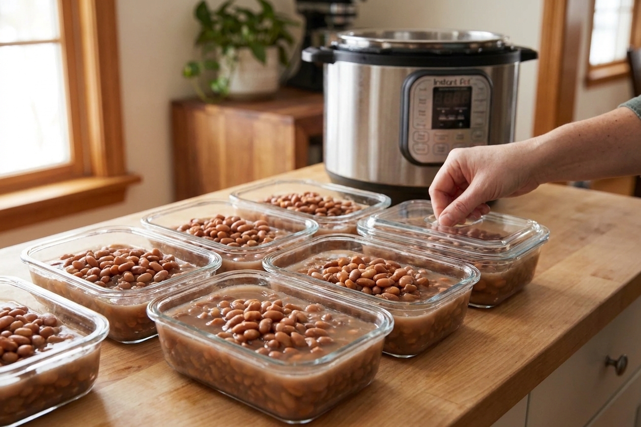 Portioned cooked pinto beans with a little cooking liquid in clear glass meal prep containers on a kitchen counter