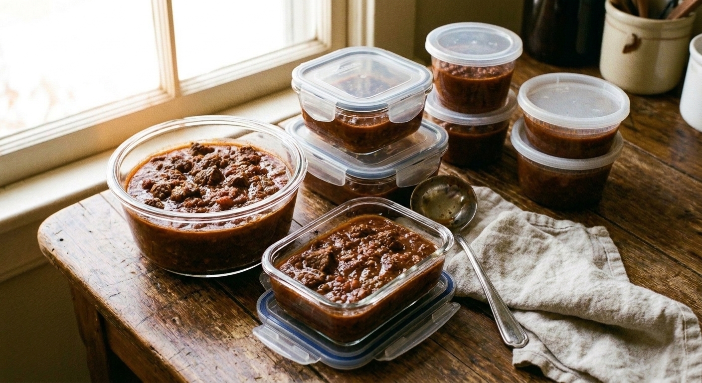 Portions of cooled Texas chili in clear storage containers on a kitchen counter, ready for the fridge and freezer