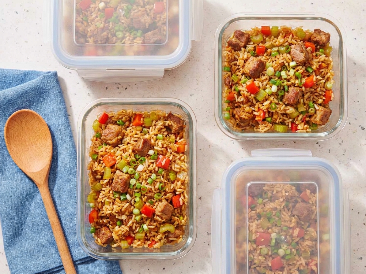 Portions of fried rice packed into glass meal prep containers on a kitchen counter
