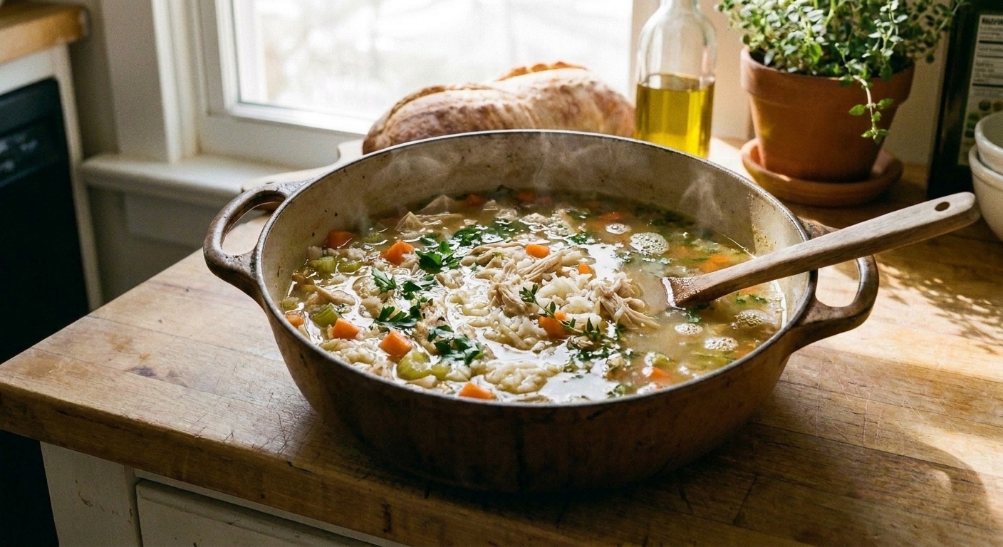 Pot of chicken and rice soup at a gentle simmer with carrots and herbs visible