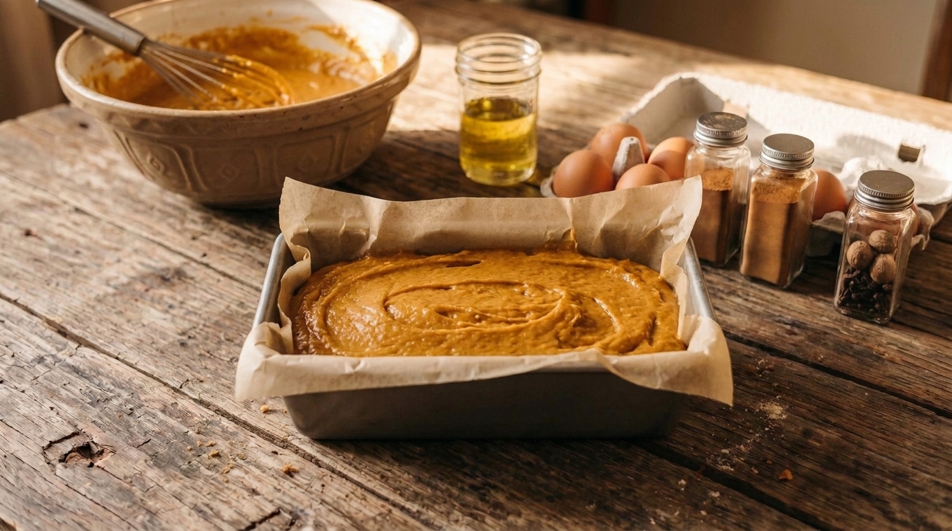 Pumpkin bread batter smoothed into a parchment-lined loaf pan on a kitchen counter
