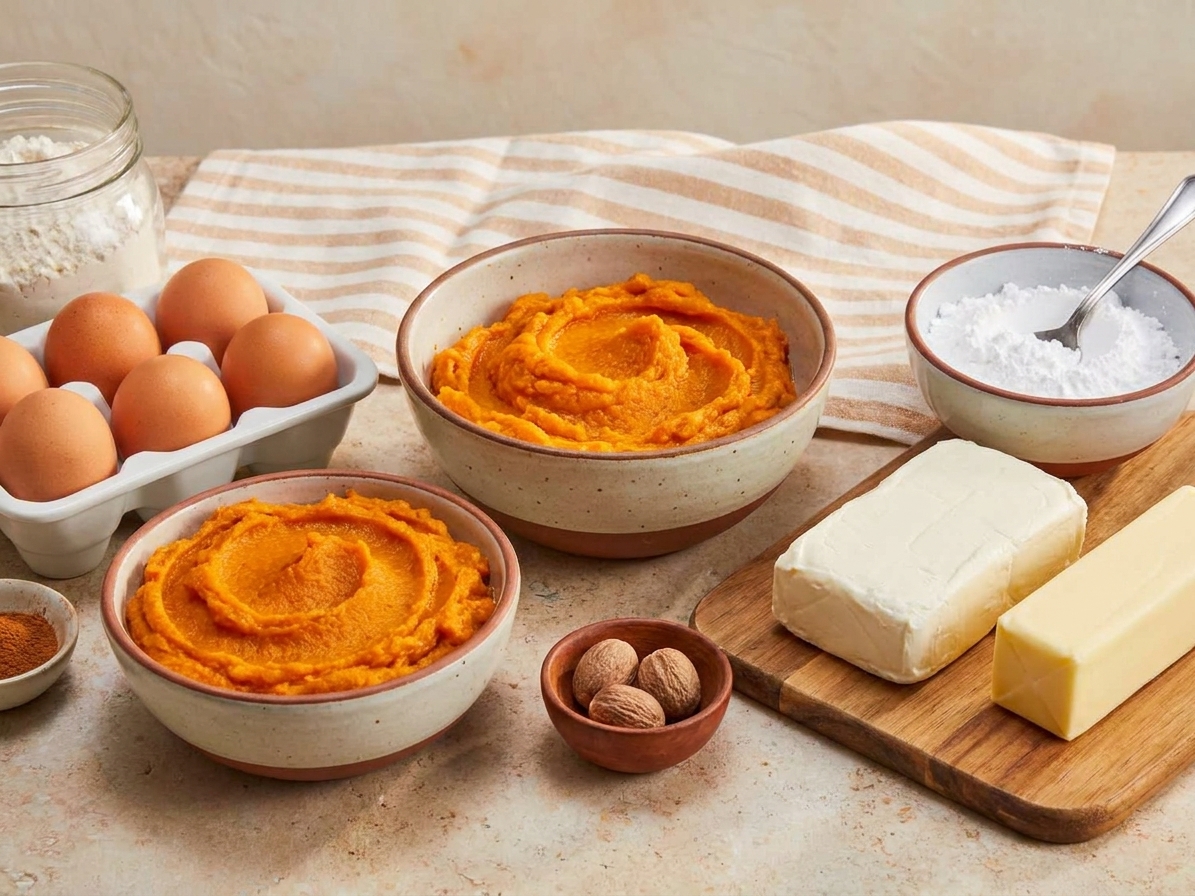 Pumpkin puree, eggs, flour, spices, cream cheese, butter, and powdered sugar arranged on a kitchen counter, ready to bake