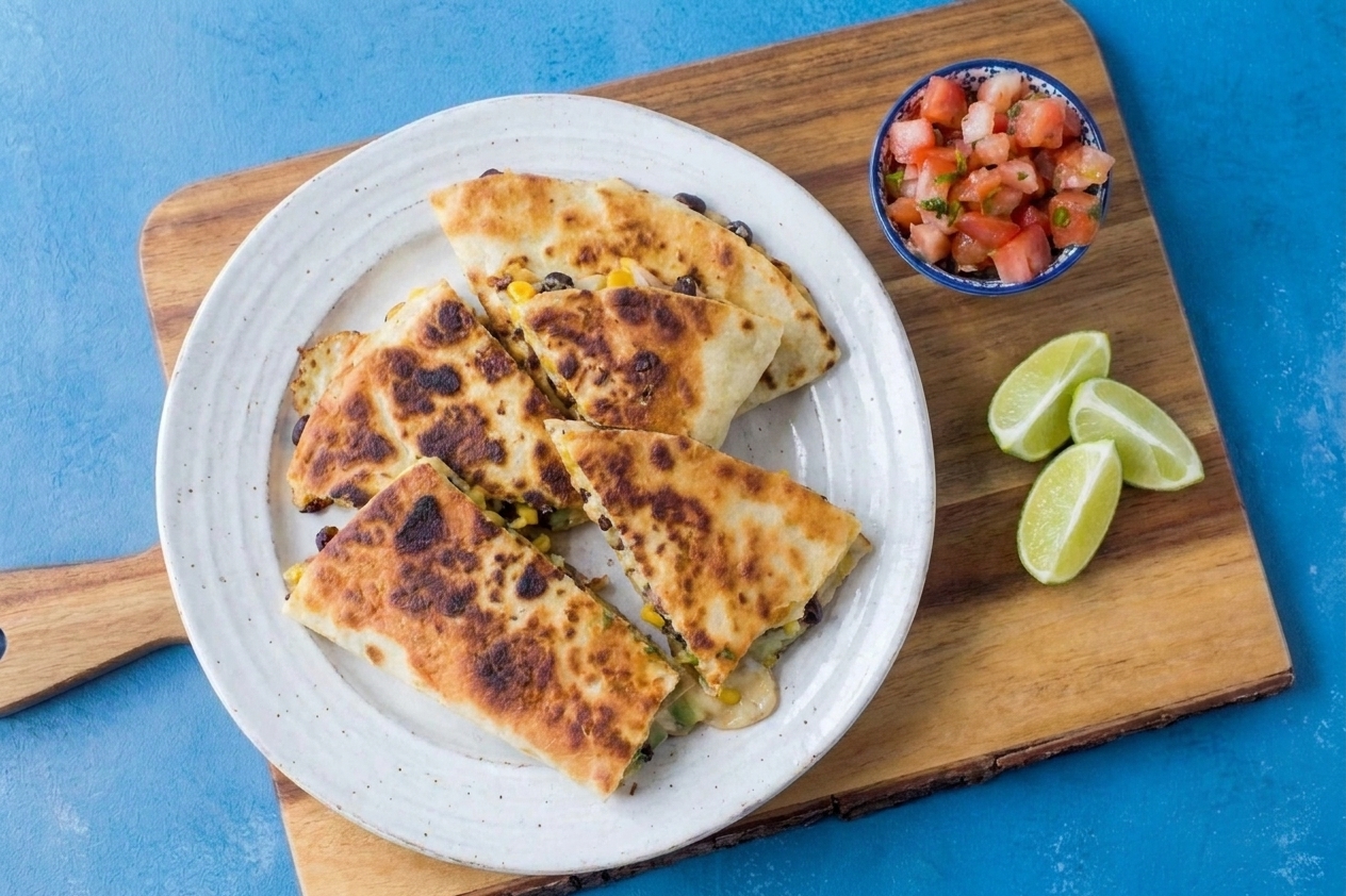 Quesadilla wedges served on a plate with a small bowl of salsa and lime wedges