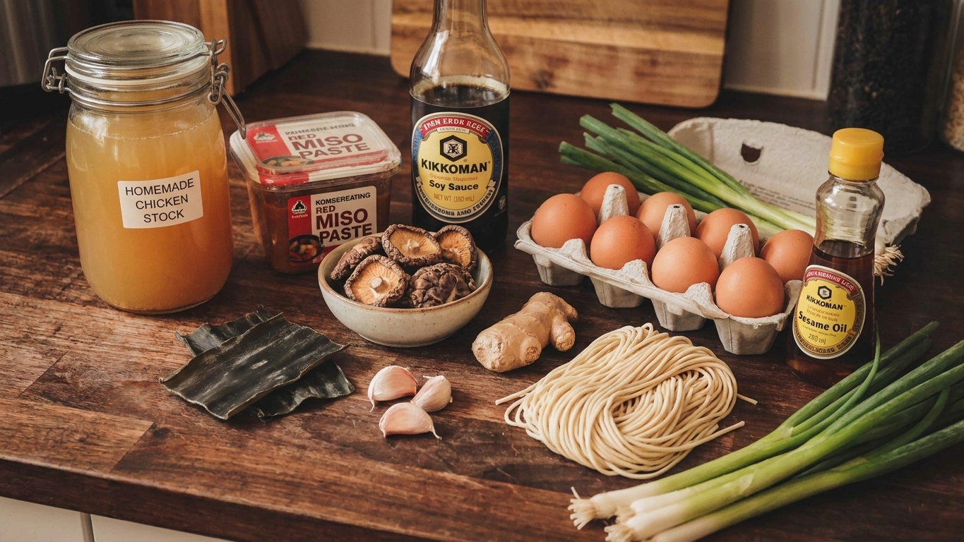 Ramen ingredients on a kitchen counter including chicken stock, miso, soy sauce, dried shiitake, kombu, garlic, ginger, noodles, eggs, scallions, and sesame oil