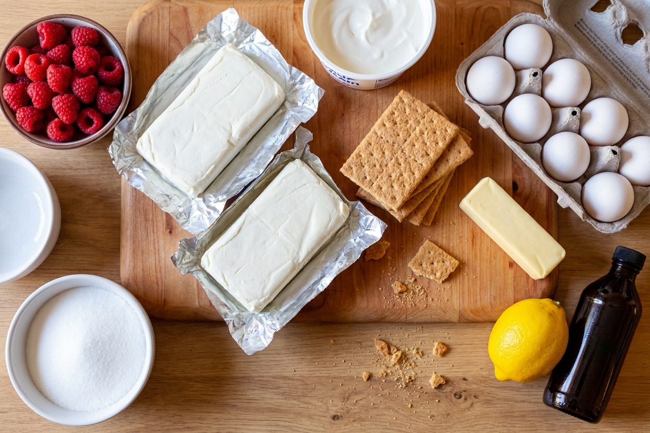 Raspberries, cream cheese blocks, sour cream, eggs, graham crackers, butter, sugar, lemon, and vanilla arranged on a kitchen counter
