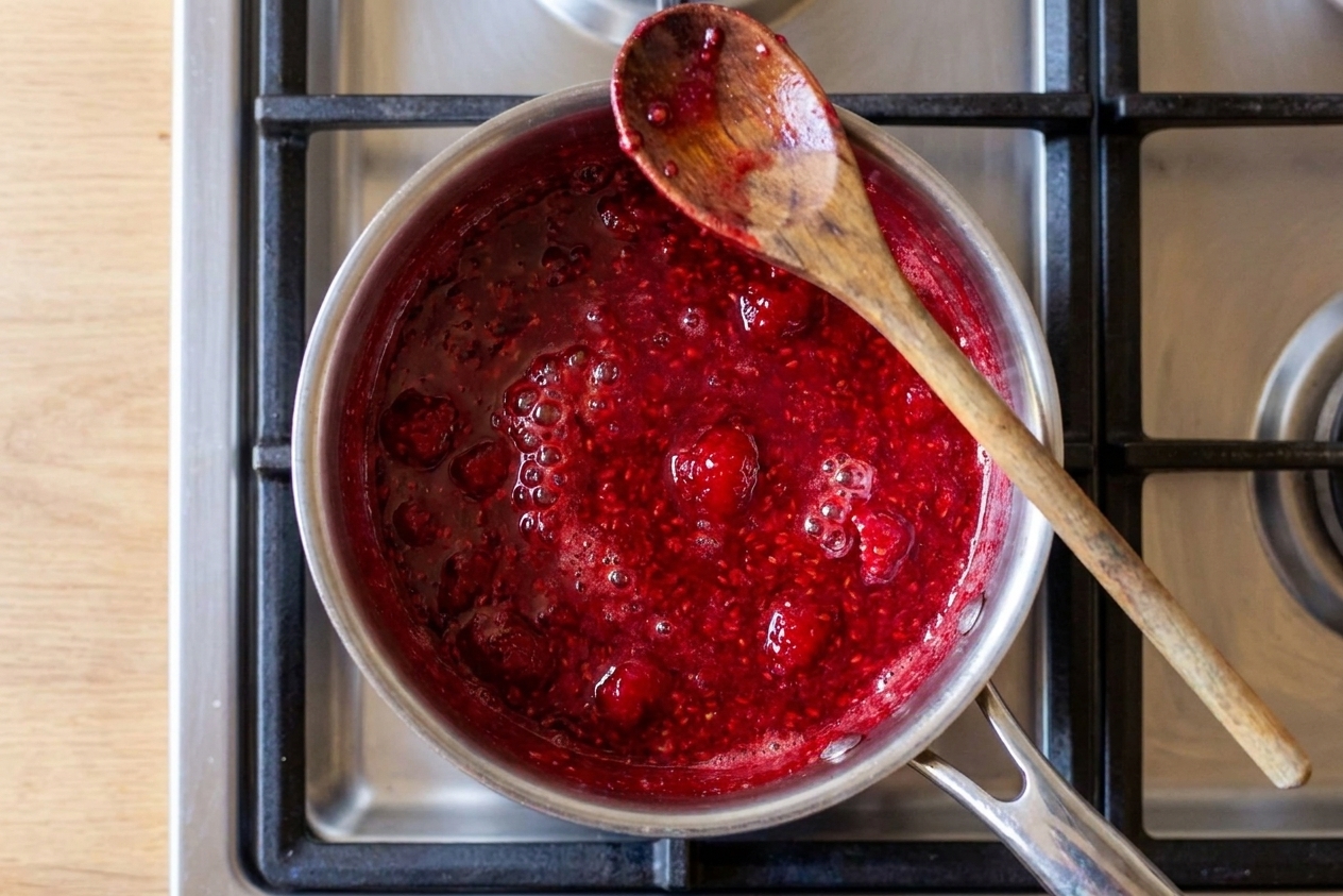 Raspberry sauce bubbling in a small saucepan on a stovetop with a wooden spoon resting on the rim