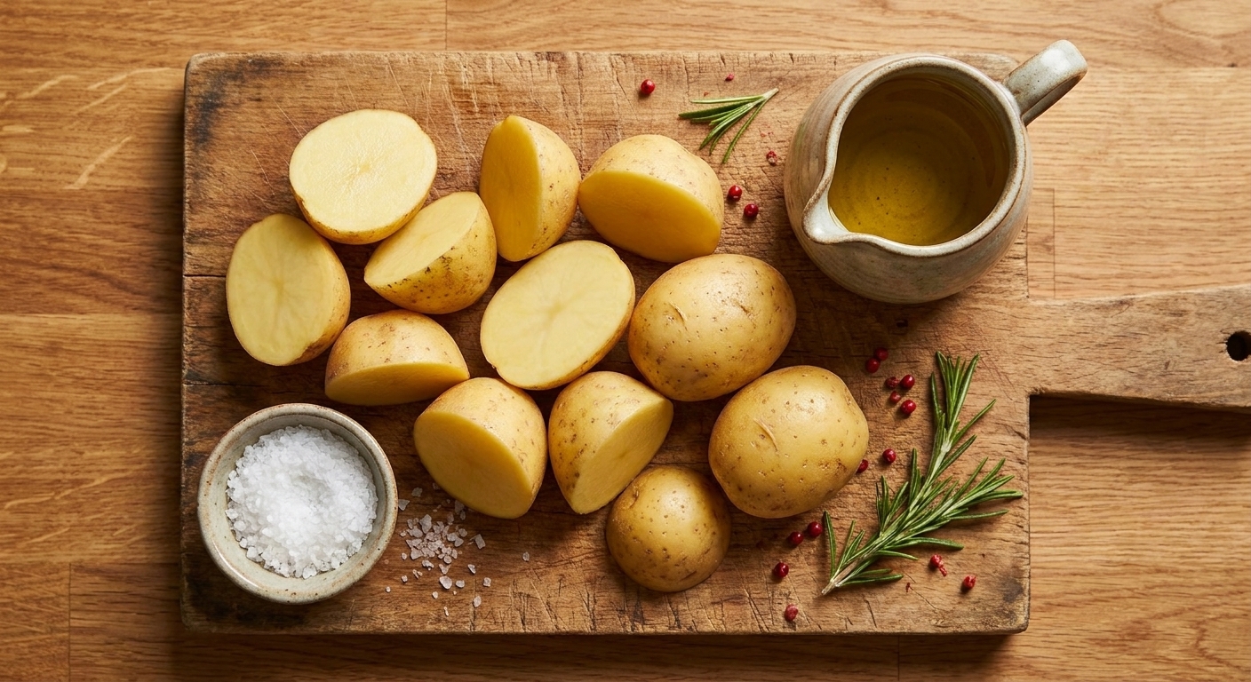 Raw Yukon Gold potatoes on a wooden cutting board with a small bowl of flaky salt and a small pitcher of olive oil on a kitchen counter