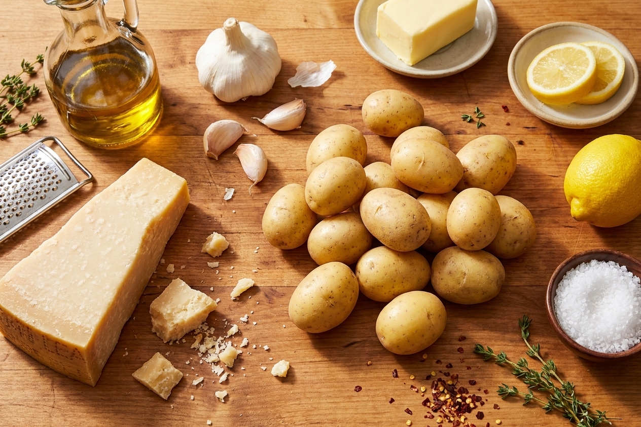 Raw baby potatoes, a wedge of Parmesan, garlic, olive oil, butter, lemon, and salt arranged on a kitchen counter