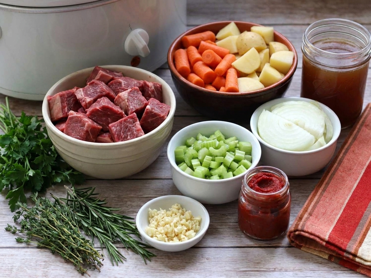 Raw beef chuck cubes, carrots, potatoes, onion, celery, garlic, tomato paste, broth, and herbs arranged on a kitchen counter ready for prep