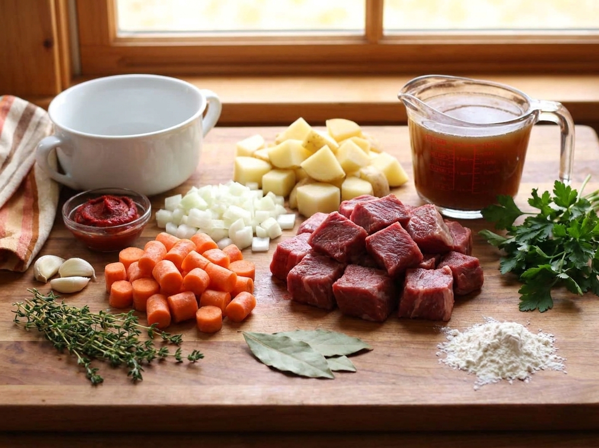 Raw beef chuck cubes, carrots, potatoes, onions, garlic, tomato paste, beef broth, herbs, and flour arranged on a kitchen counter