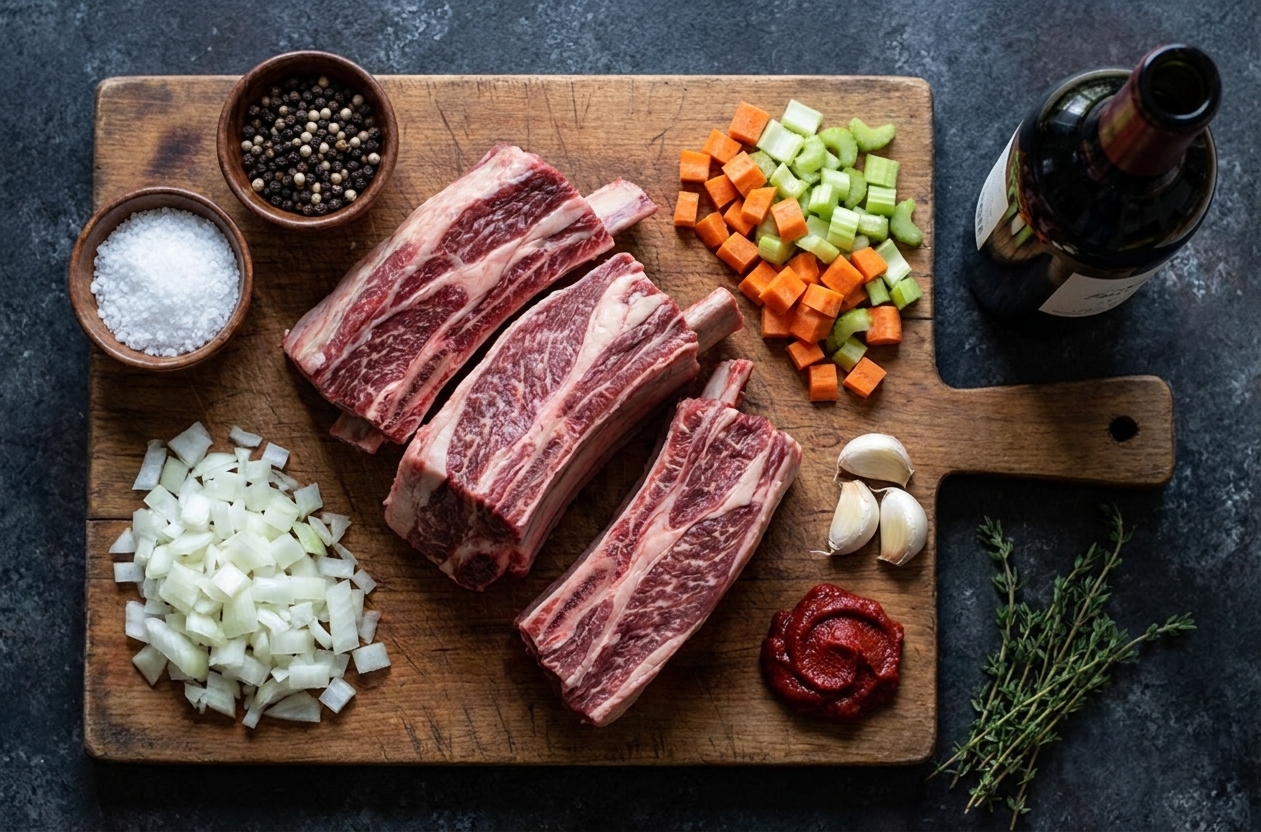 Raw bone-in beef short ribs on a cutting board with salt, pepper, onion, carrots, celery, garlic, tomato paste, red wine, and fresh thyme arranged nearby